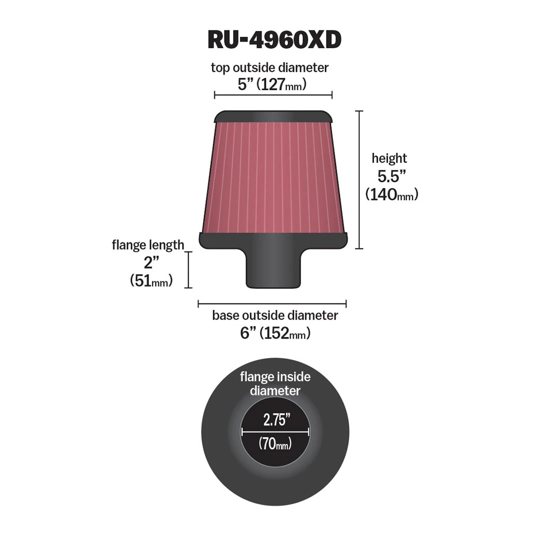 RU-4960XD K&N Universal Clamp-On Air Filter 4 RU-4960XD K&N Universal Clamp-On Air Filter - Image 2